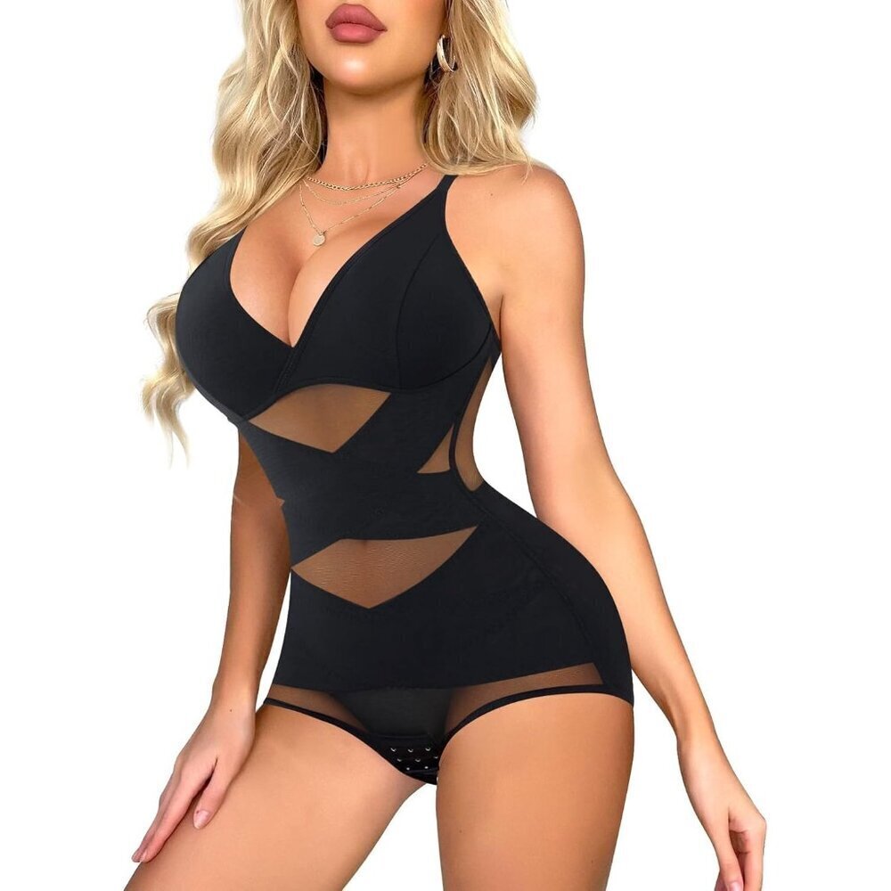 🆕Women Black Nylon Mesh Shapewear Bodysuit Tummy Control Waist  Body Shape
